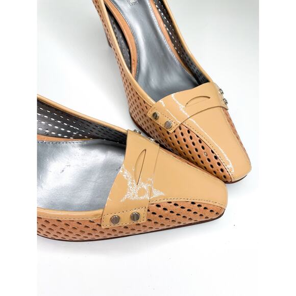 Via Spiga Leather Square Toe Heels Size 10 Retro 70s Lasercut Pumps - Picture 5 of 9